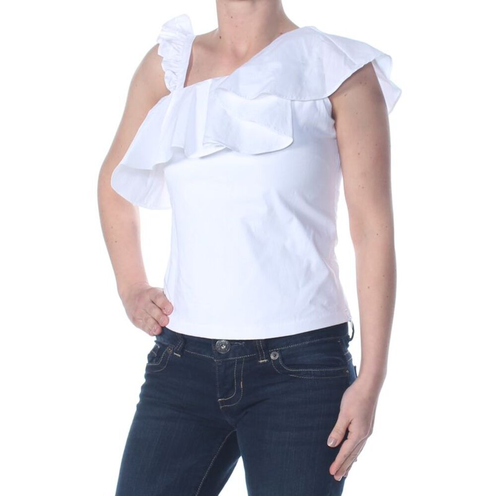 THE EDIT Womens Top White Ruffled Asymmetrical Neckline Formal Juniors 0